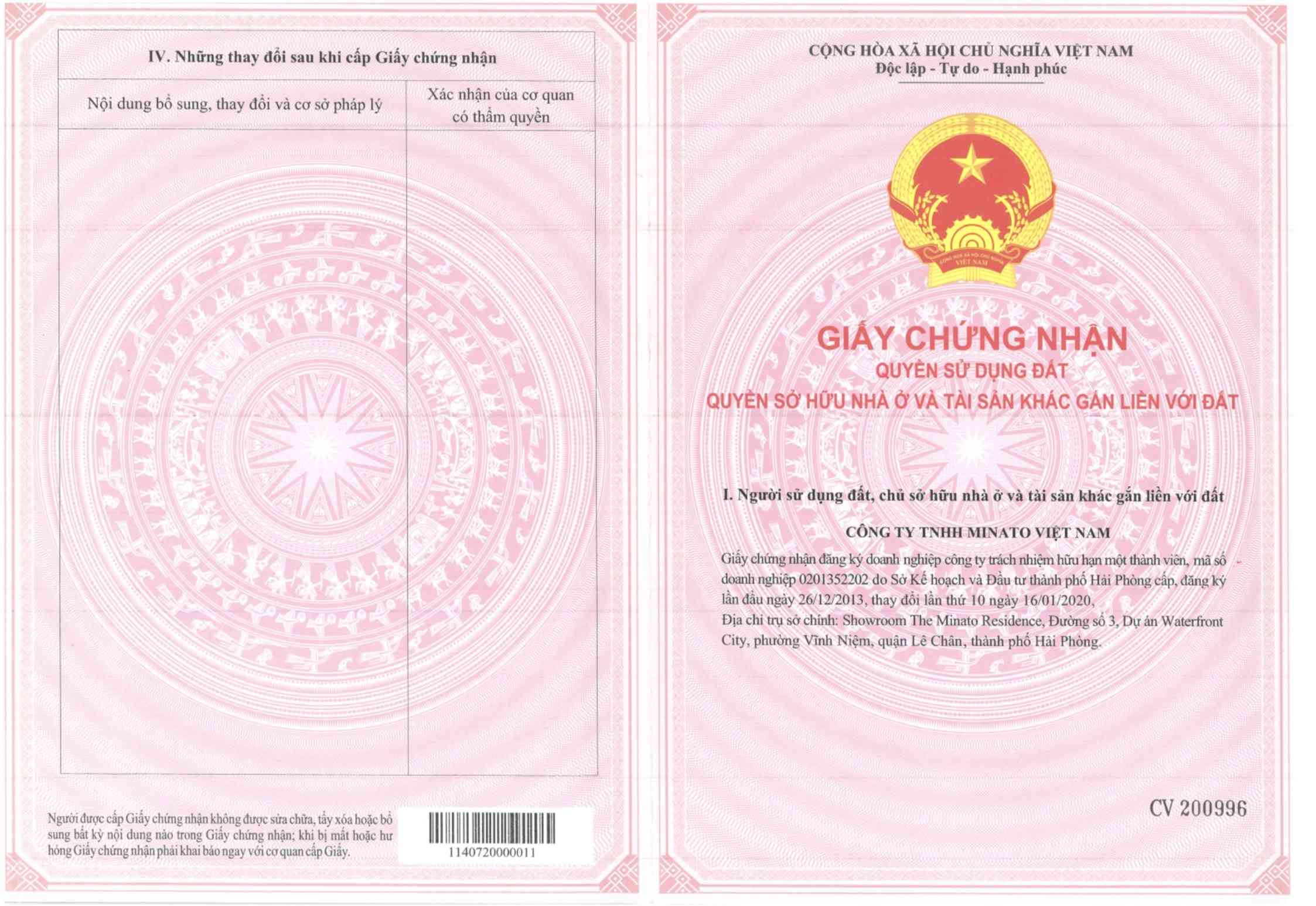 Giấy chứng nhận quyền sử dụng đất the Minato Residence